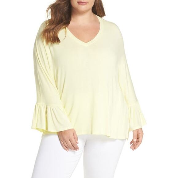 Sejour Bright Pastel Yellow Raglan Ruffle Bell  Sleeve Knit Top 3X - Picture 1 of 8